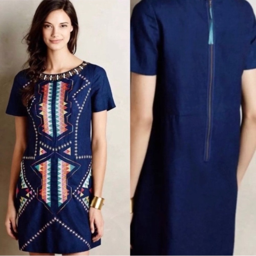 Maeve blue linen multi color embroidery Cinta dress size 2